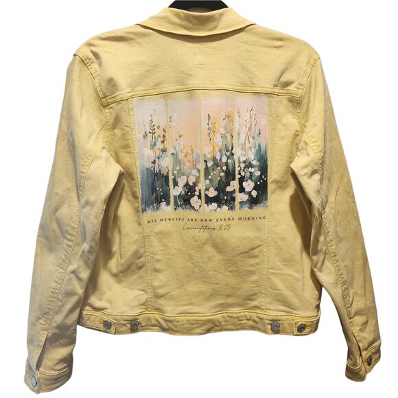 His Mercies Are New Every Morning Custom Upcycled Yellow Jean Jacket, Women's L - Picture 6 of 6